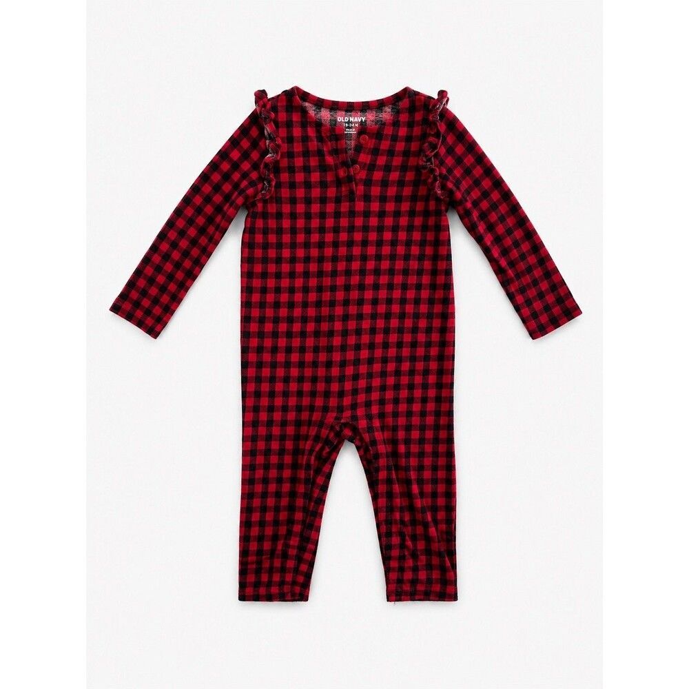 Old Navy Girls Buffalo Plaid Romper 18-24M Red Black Check Ruffle Long Sleeve